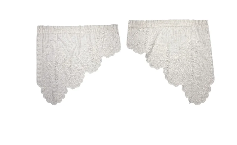 Pair Vintage Sear Swag Valances White Lace Short Curtains Left & Right Scalloped